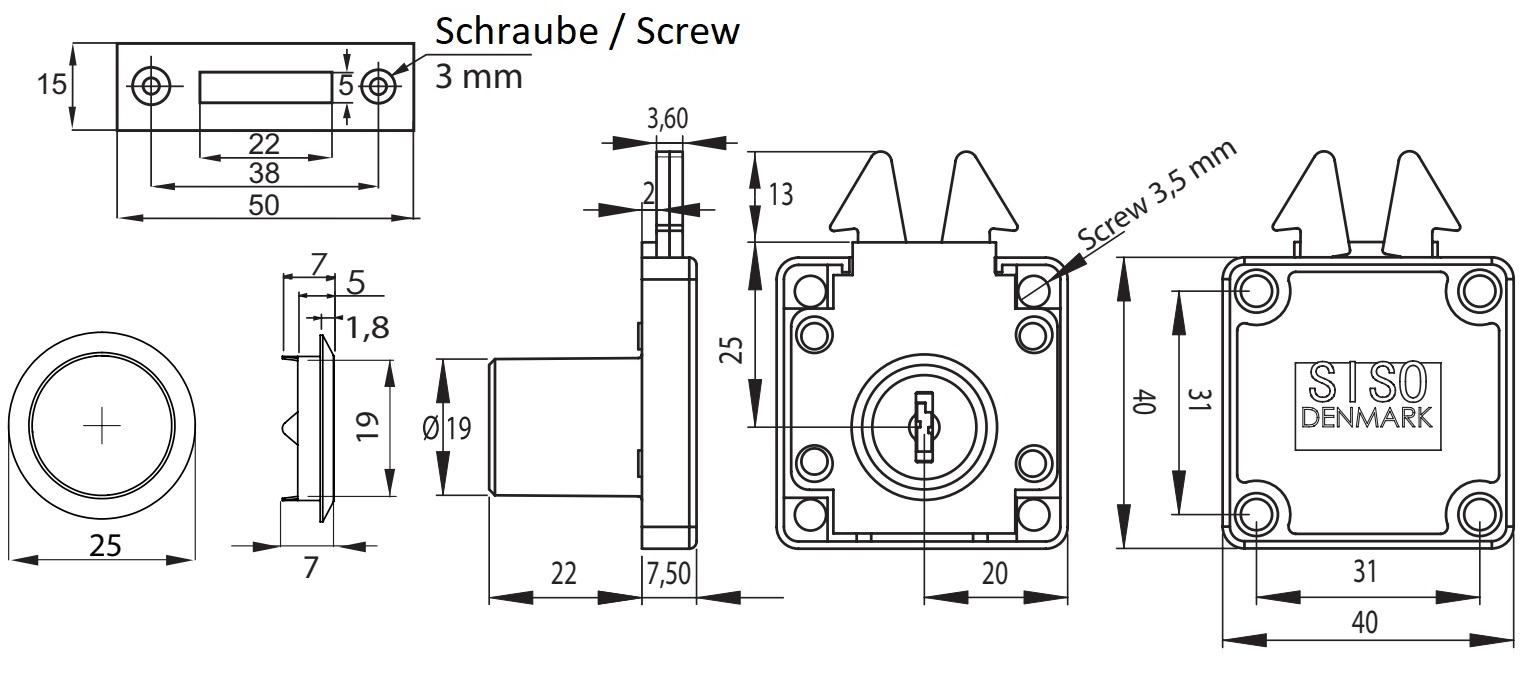 Högkvalitativt skruvbart rulljalusilås, yta: förnicklad, utförande: med samma nyckel, 14.01.460-5. Skjutdörrlås för rulljalusier, möbelskjutdörrar och mycket mer, av SISO Danmark - Bild 2