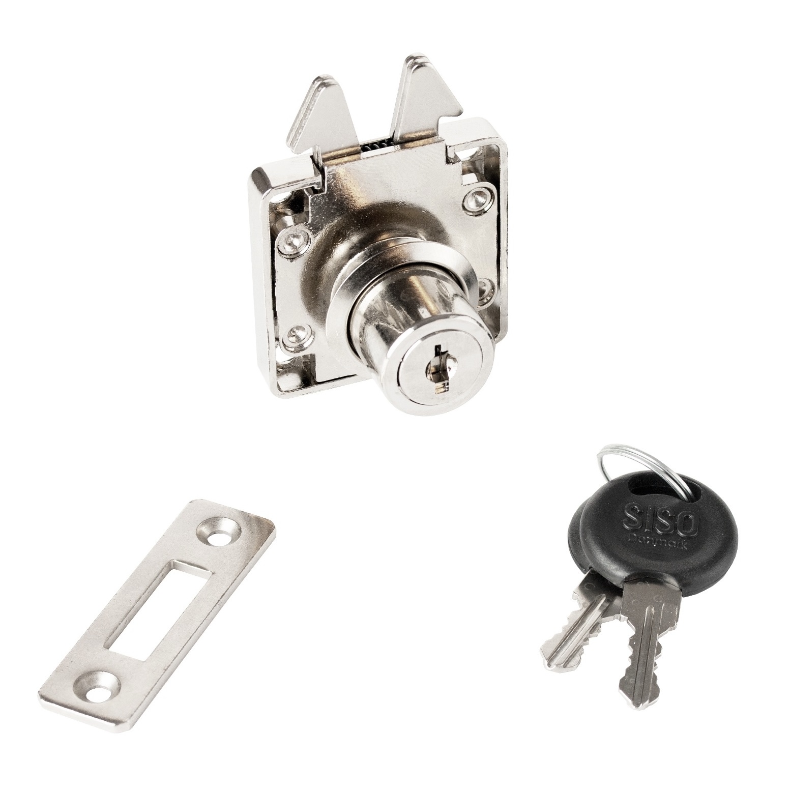 Högkvalitativt skruvbart rulljalusilås, yta: förnicklad, utförande: med samma nyckel, 14.01.460-5. Skjutdörrlås för rulljalusier, möbelskjutdörrar och mycket mer, av SISO Danmark