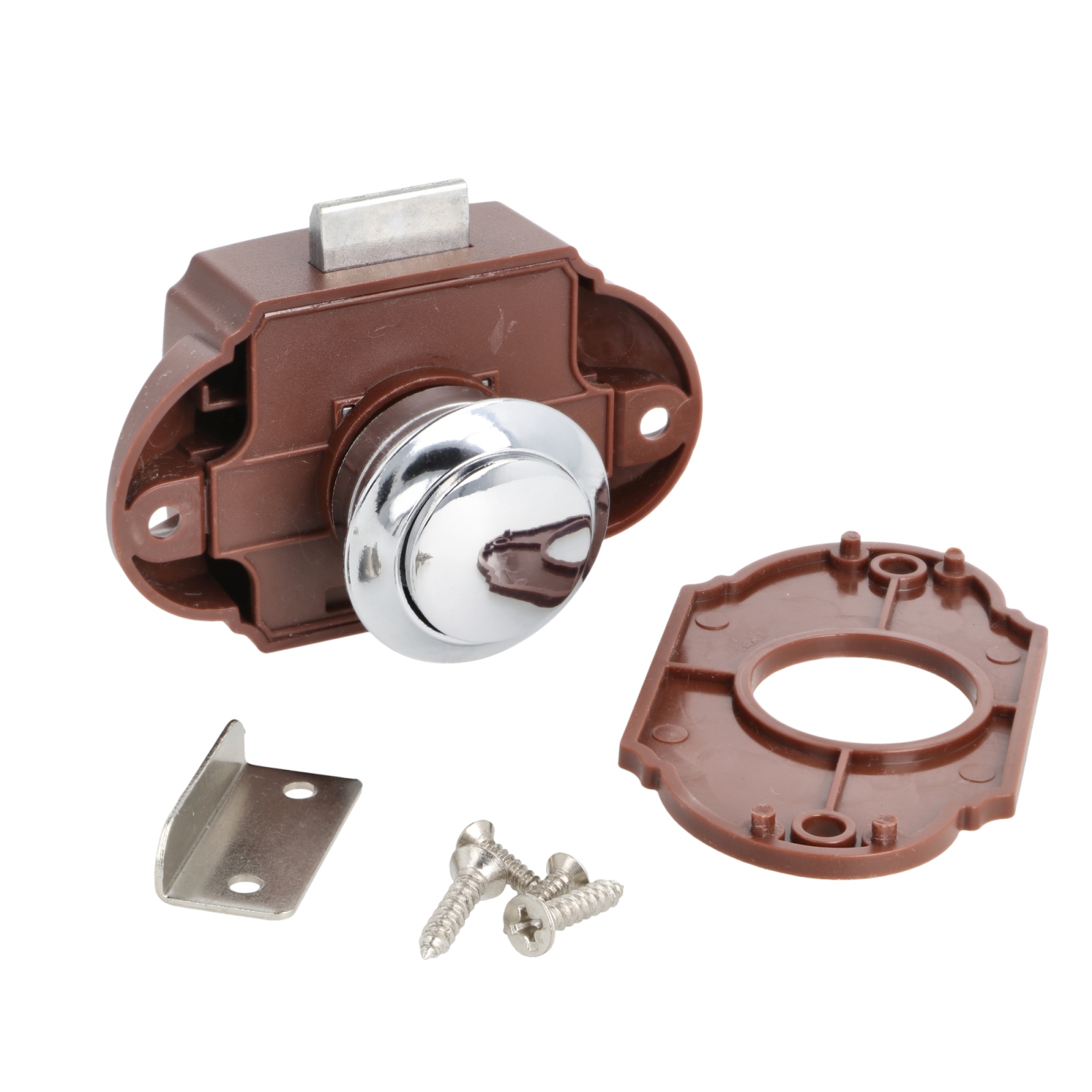 Robust tryckknappsstängning med handtagsfunktion, tillverkad av ABS, yta: förkromad, version: rund, 14.03.047-0. Kompakt tryckknapp för husvagn, yacht, husvagn, båt, skåpdörr, låda och mycket mer, av SISO Danmark