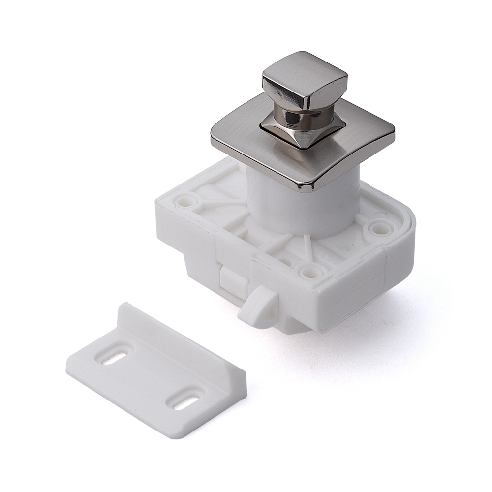 Högkvalitativ tryckknapp med handtagsfunktion, tillverkad av mässing, yta: förnicklad, satinerad matt, version: fyrkantig, TLP-S-BB-WB och TLP-LBM(W). Solid snäppfäste för yacht och mycket mer, av Sugatsune / LAMP® (Japan)