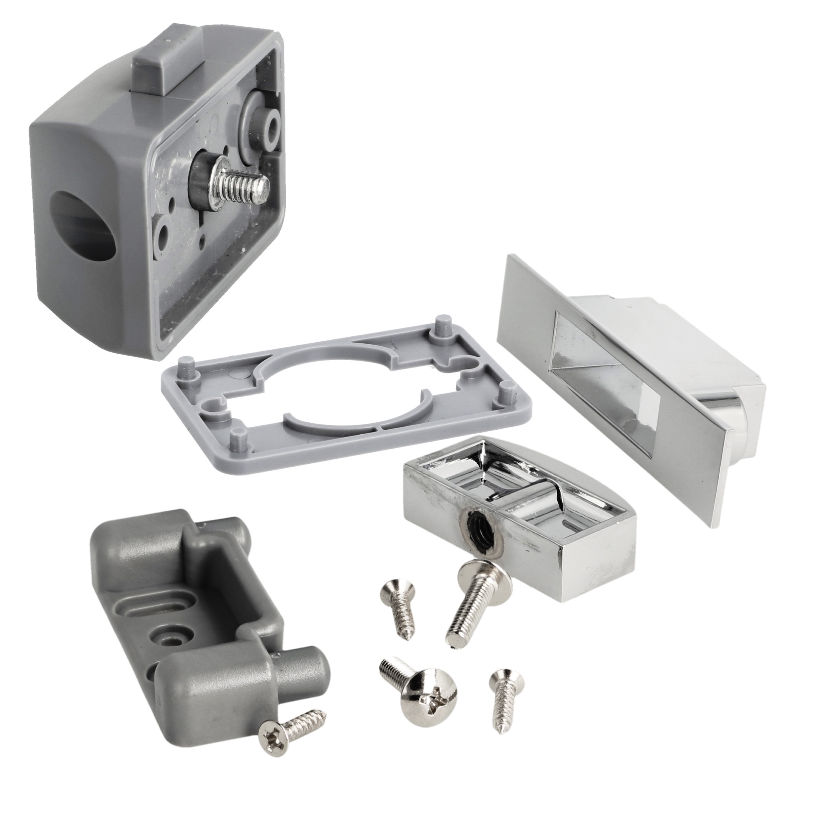 Högkvalitativ snäppfäste med soft-close och handtagsfunktion, tillverkad av zamak, yta: förkromad, design: rektangulär, 14.03.042-0.