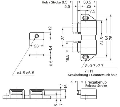 Kompakt magnetisk snäppspärr, inkl. motplatta, yta: vit, 25 mm (63/64"), utförande: med 2 bultar, ML-30WW. Platsbesparande dubbeldörröppnare för möbeldörrar, skåpdörrar och mycket mer, av Sugatsune / LAMP® (Japan) - Bild 2