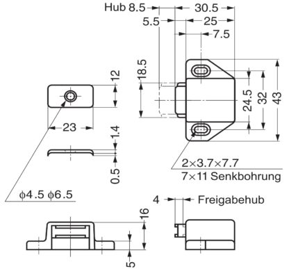 2 stycken kompakta magnetiska snäpplås, inkl. motplatta, yta: vit, 25 mm (63/64"), ML-30SW. Platsbesparande push-to-open dörröppnare för möbeldörrar, skåpdörrar och mycket mer, av Sugatsune / LAMP® (Japan) - Bild 2