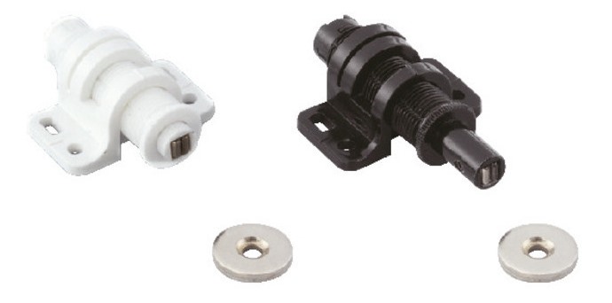 2 stycken rund magnetisk snäppklaff med justeringsmöjlighet, inkl. motplatta, yta: svart, MC-25BL. Push-to-open dörröppnare för möbeldörrar, skåpdörrar och mycket mer, av Sugatsune / LAMP® (Japan) - Bild 3