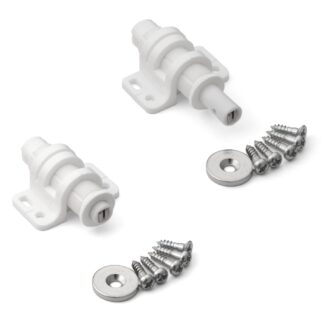 2 stycken Rund magnetisk snäppfångare med justeringsmöjlighet, inkl. motplatta MC-25WT från Sugatsune, vit.  Produktbild