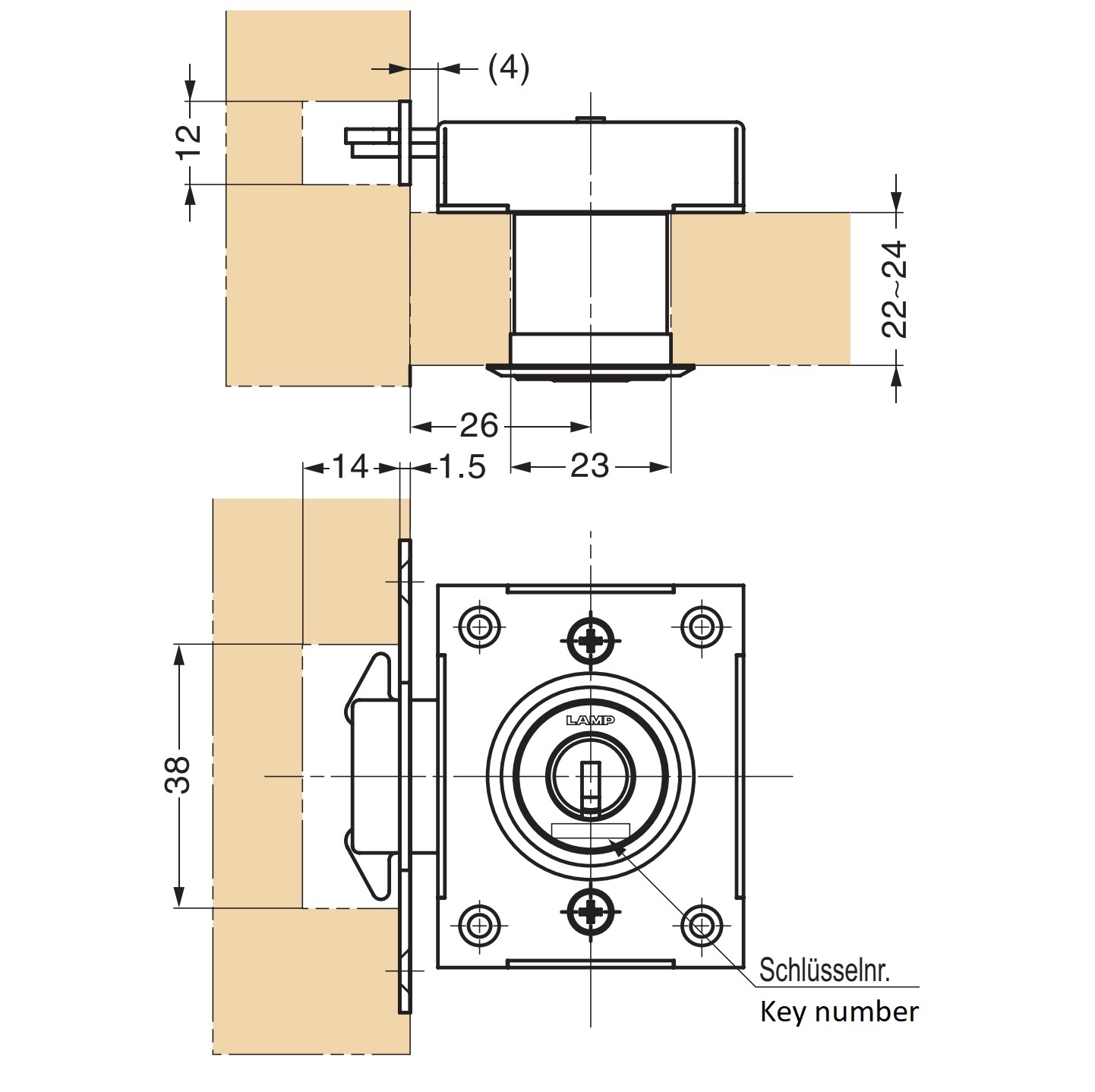 Skjutdörrlås, tillverkat av SUS304 rostfritt stål, yta: förkromad, utförande: multinyckel, 7810K-24-CR-L-B. Rulljalusilås för skjutdörr och mycket mer, av Sugatsune / LAMP® (Japan) - Bild 3