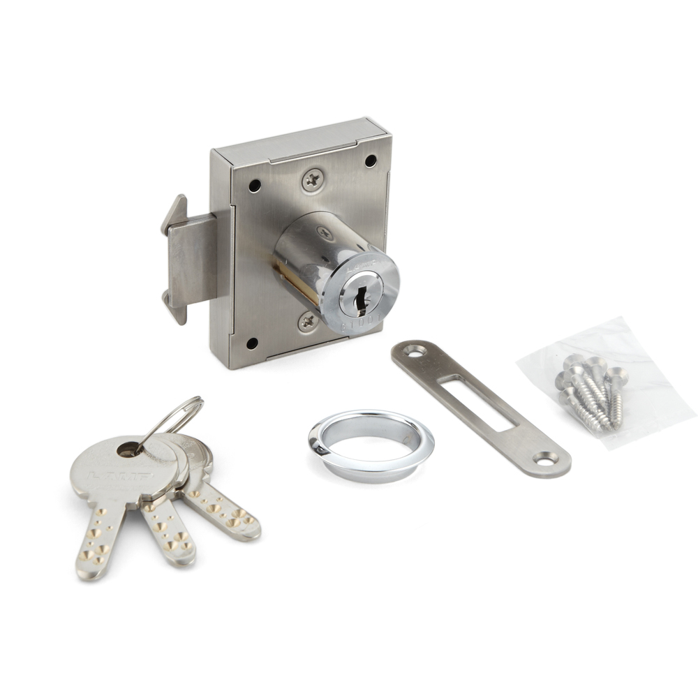 Skjutdörrlås, tillverkat av SUS304 rostfritt stål, yta: förkromad, utförande: multinyckel, 7810K-24-CR-L-B. Rulljalusilås för skjutdörr och mycket mer, av Sugatsune / LAMP® (Japan)