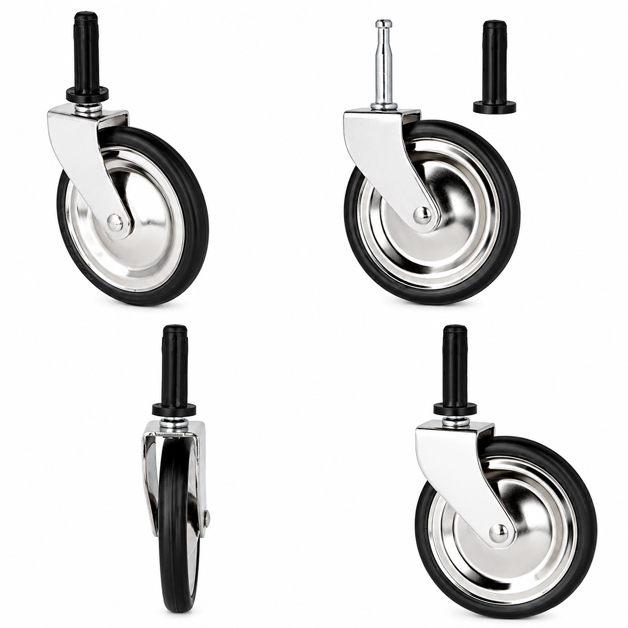 4 stycken klassisk tevagnscastor, 08.01.110-1, diameter: ⌀75 mm, från SISO, lastkapacitet: 60 kg (133 lbs), nickelpläterad. Produktbild