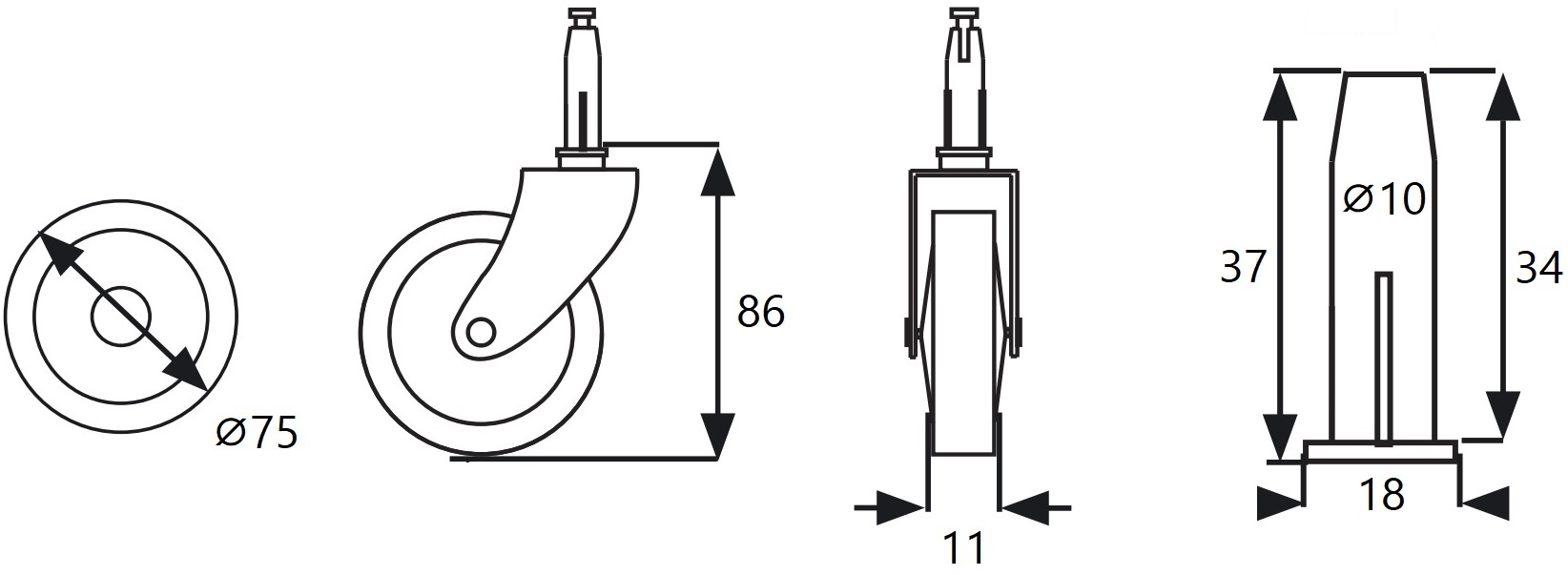 4 stycken klassisk tevagnsrulle, lastkapacitet: 60 kg, yta: nickelpläterad, ⌀75 mm (2-61/64"), 08.01.110-1. Högkvalitativ serveringsvagnsrulle för tevagnar, serveringsvagnar, sidovagnar och mycket mer, från SISO Danmark - Bild 3